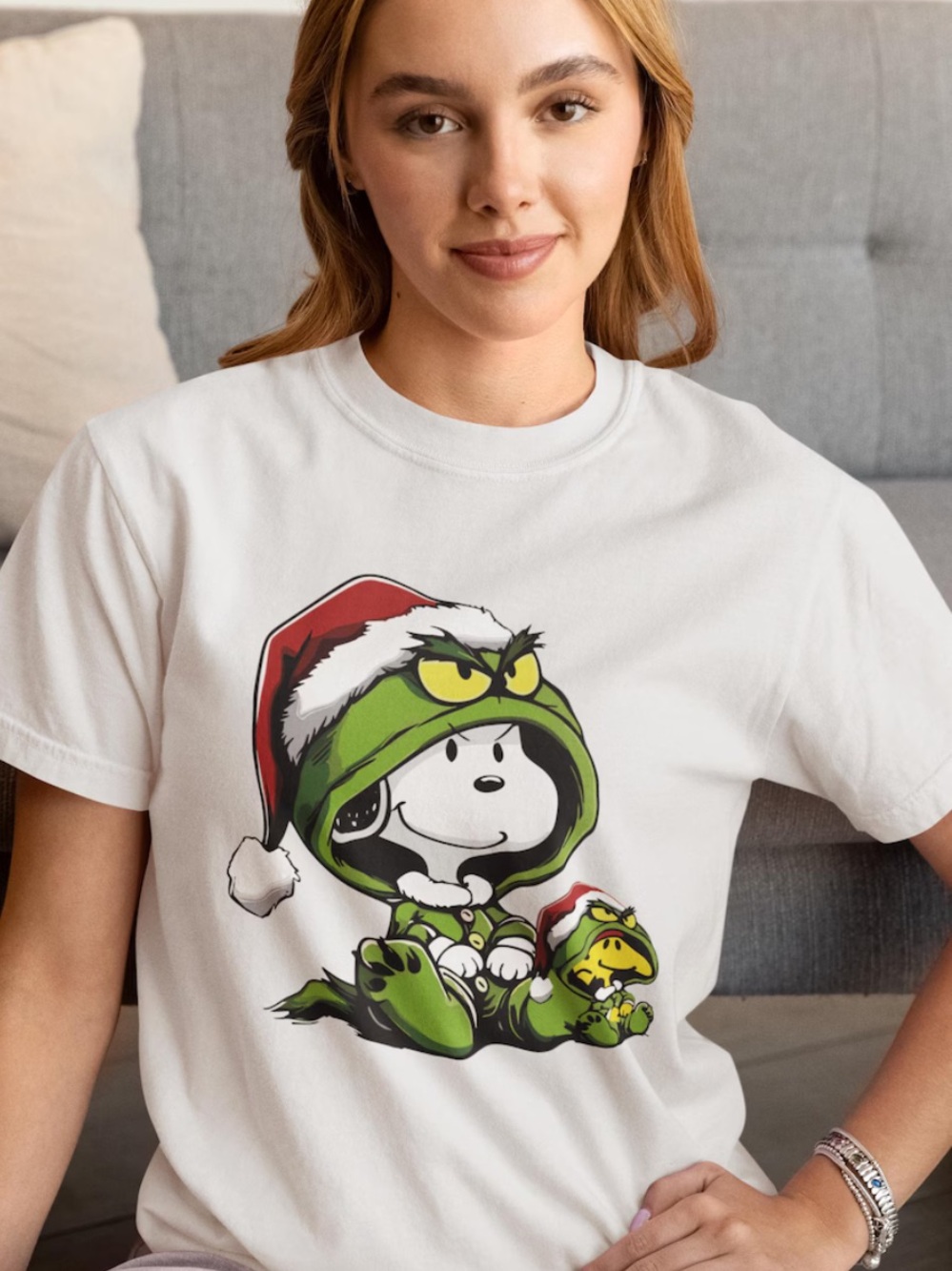 Gildan White Snoop in Grinch Hoodie Graphic Tee, Classic Christmas Style